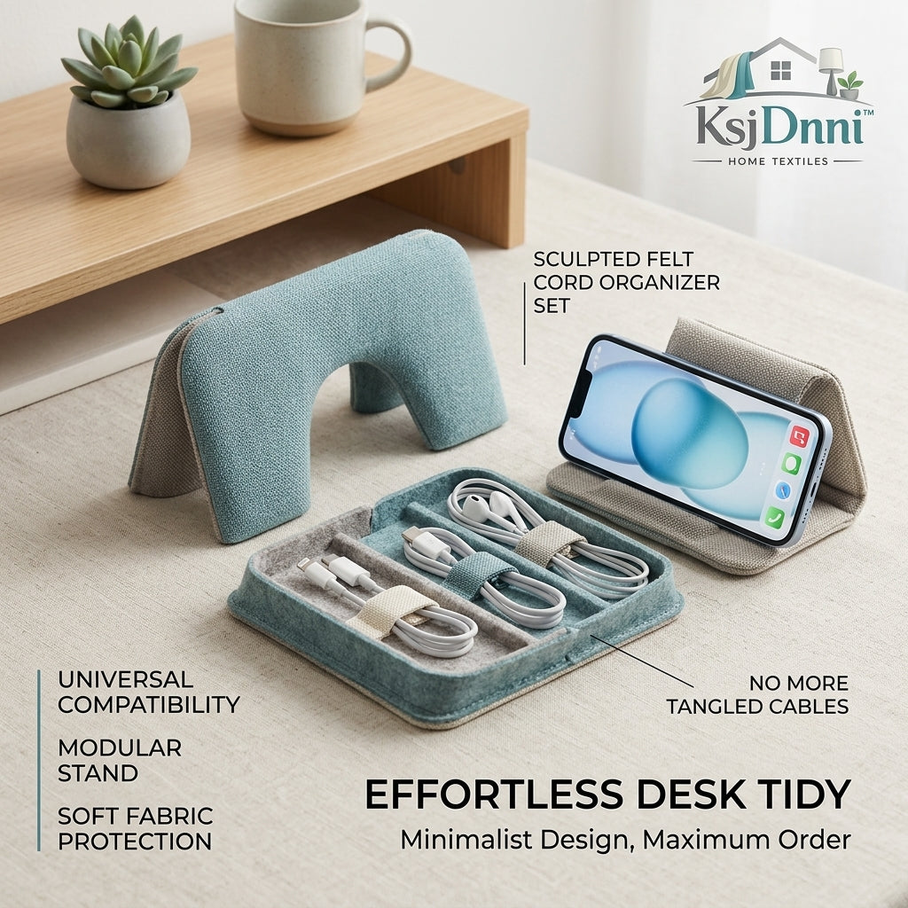 KsjDnni™ Minimalist Felt Desk Organizer Set | Modular Phone Stand & Cable Management Tray | Aesthetic Tech Cord Organizer with Fabric Straps for Home Office Desktop Tidy