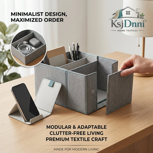 KsjDnni™ Modular Desk Organizer - Premium Fabric Office Storage Box with Detachable Phone Stand & Tech Accessory Tray, Minimalist Stationery & Pen Holder for Home Office, WFH Workspace Organization