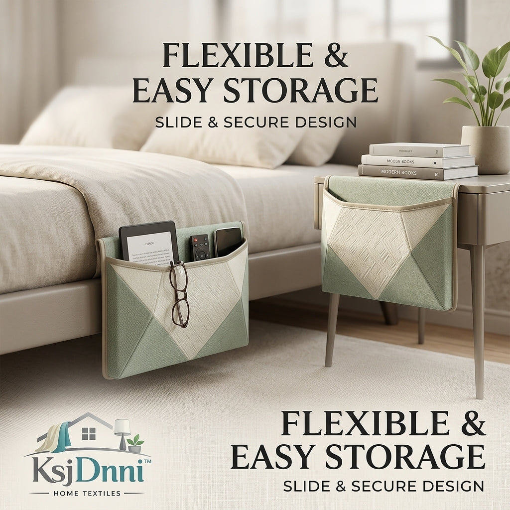 KsjDnni™ Bedside Caddy Organizer - Slide & Secure Mattress Pocket Holder for Remotes, Tablets, Phones, and Glasses - Elegant Geometric Fabric Hanging Storage Bag for Bed, Sofa, and Nightstand