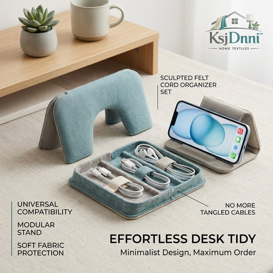 KsjDnni™ Minimalist Felt Desk Organizer Set | Modular Phone Stand & Cable Management Tray | Aesthetic Tech Cord Organizer with Fabric Straps for Home Office Desktop Tidy