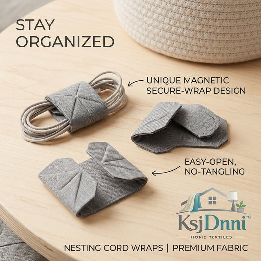 KsjDnni™ Magnetic Cable Organizer - Premium Fabric Nesting Cord Wraps, Reusable Magnetic Cord Keepers & Ties for Charging Cables, Earbuds, Travel & Desk Space-Saving Organization